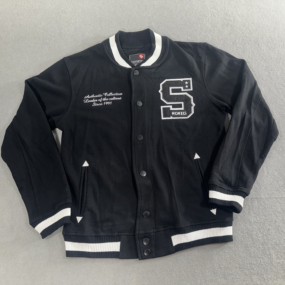 Southpole Varsity Jacket Mens L Black MCMXI 1990 Embroidered Print Smiley Pocket